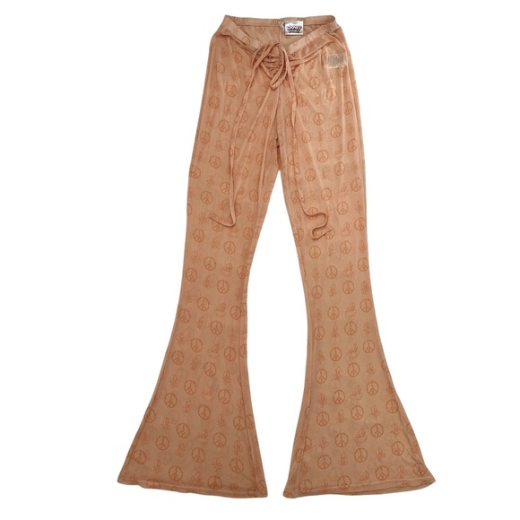 Looney Tunes Peach Graphic Mesh Bell bottom cinched waist Y2K Pants L - Picture 1 of 12